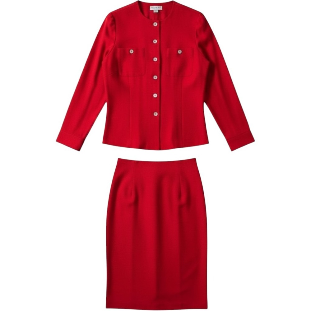 VTG Shomi Womens Red 100% Silk 2 Piece Skirt Set Blazer Midi Skirt 10 Officewear